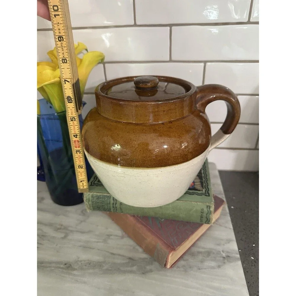 Vintage Antique Stoneware 2 Tone Brown One Handle Crock Bean Pot Americana